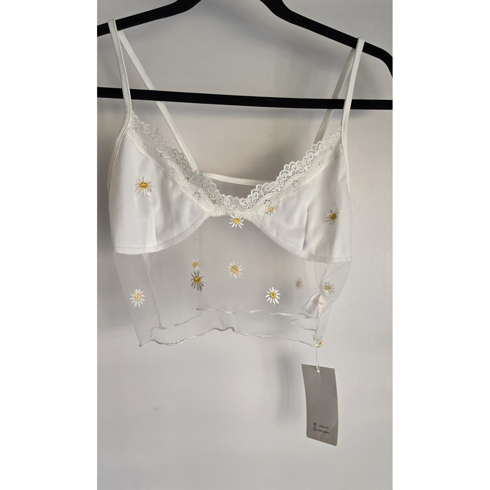 NWT Romwe Floral Crop Top Size S White Sleeveless Blouse Tank Sheer Daisy